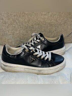 Guess Black Leather Platform Sneakers with White Laces and Gold Accents